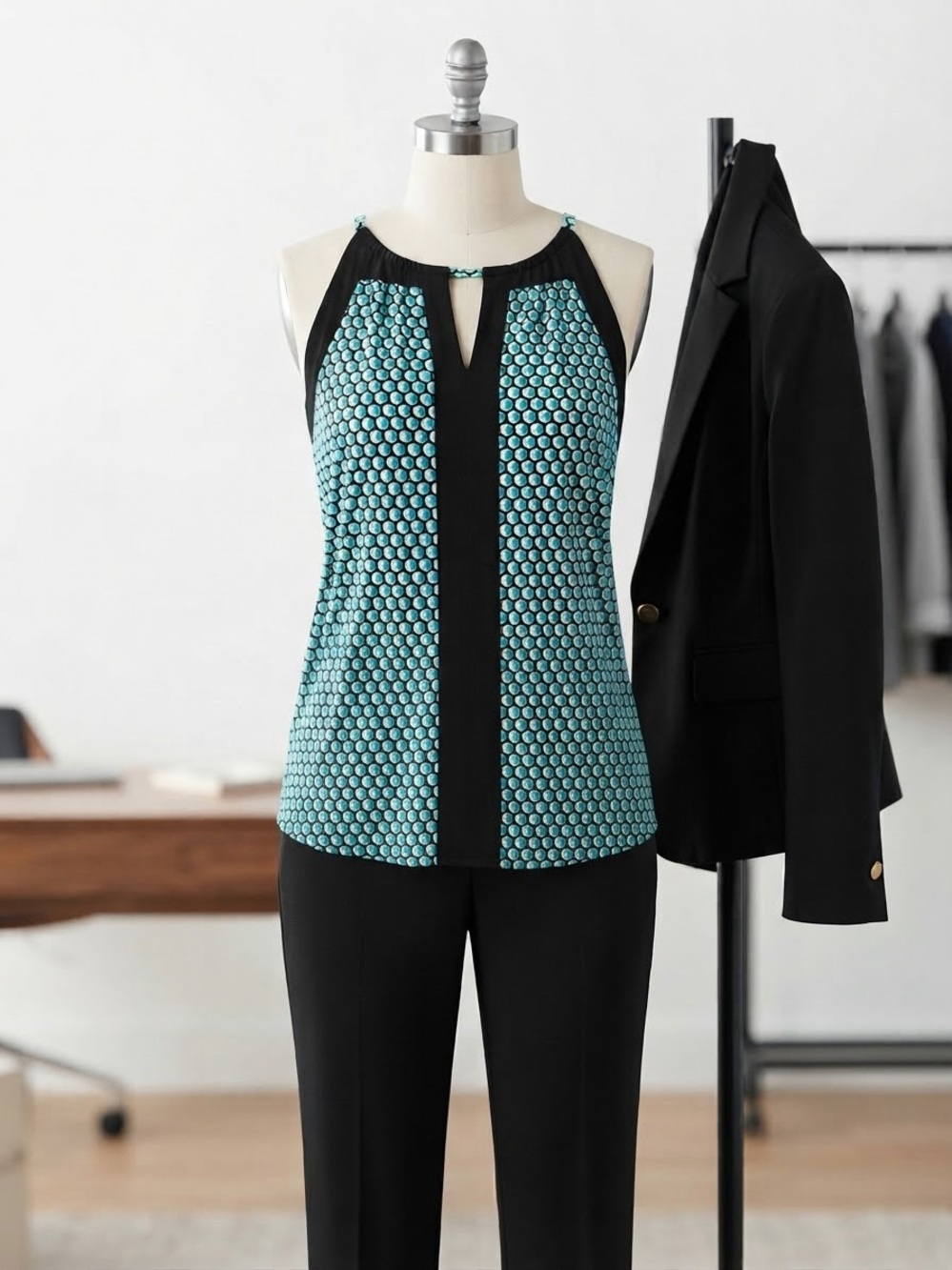 Worthington Petite XL Teal Mosaic Halter Camisole with Black Panel
